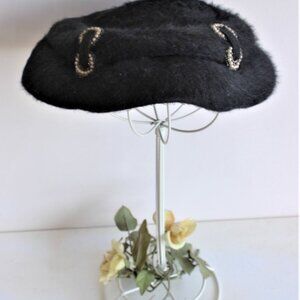 Vintage 1940s Hat, Black Plate Hat with Faux Pearls, Millinery